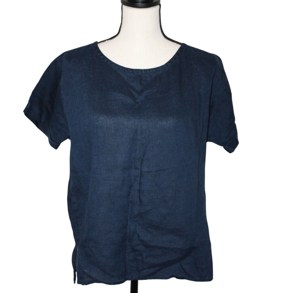 Mango Casual Women's Small Blue Linen Top Tops Short Sleeve Round‎ Neck Tee